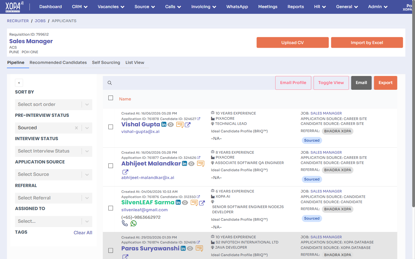A vacancy's applicant pipeline with stage filters and candidate cards.