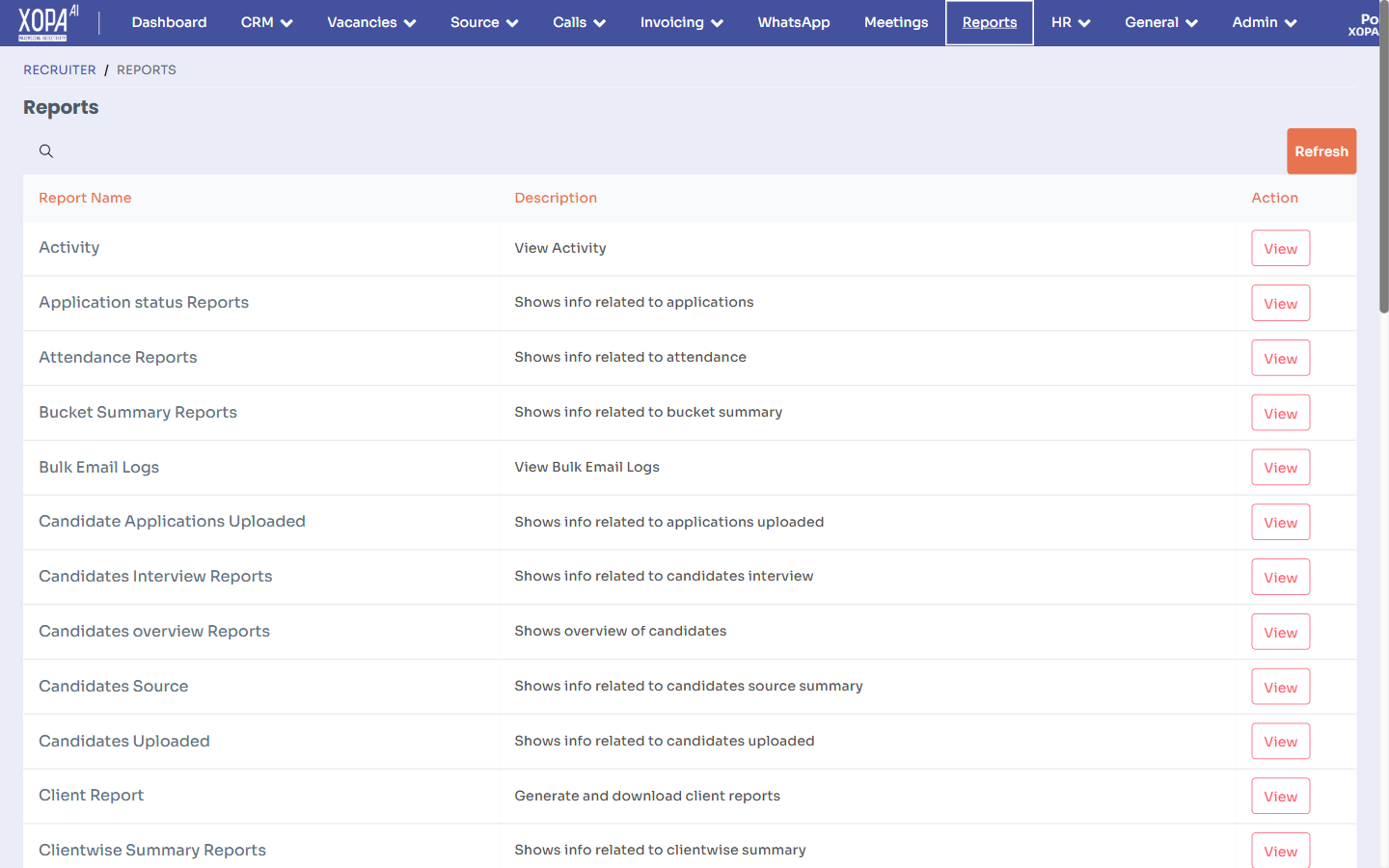 The Reports hub: a searchable table of reports with View actions.