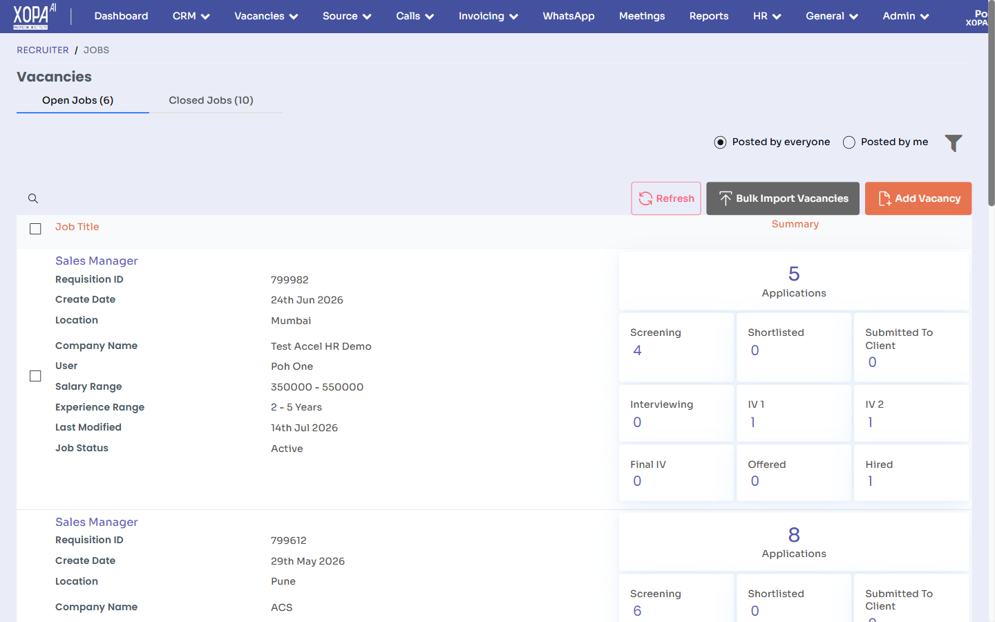 The Vacancies list with Open/Closed tabs and per-job pipeline summaries.