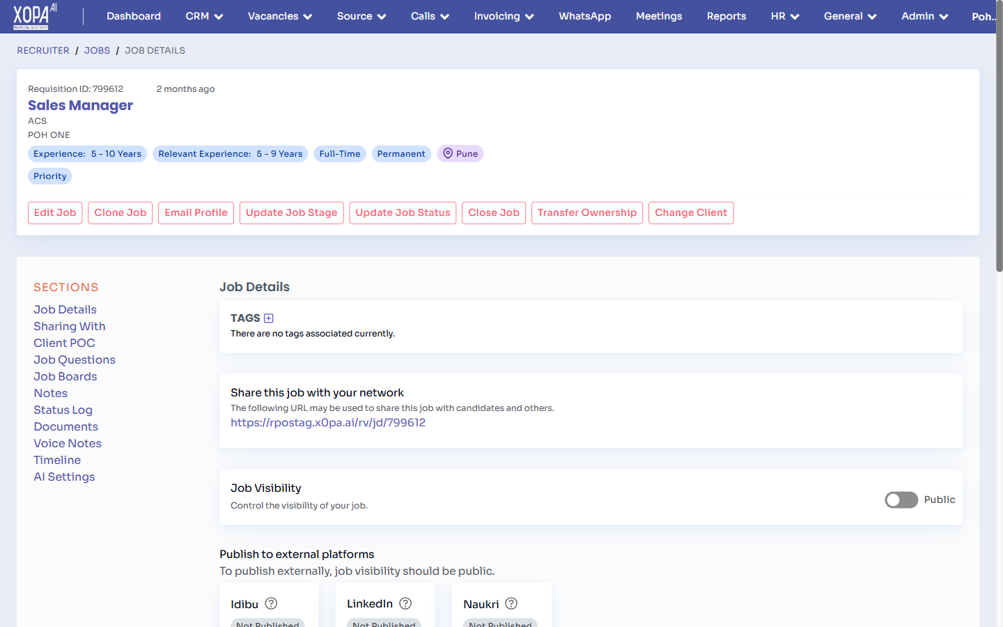 A vacancy detail page with actions and section navigation.